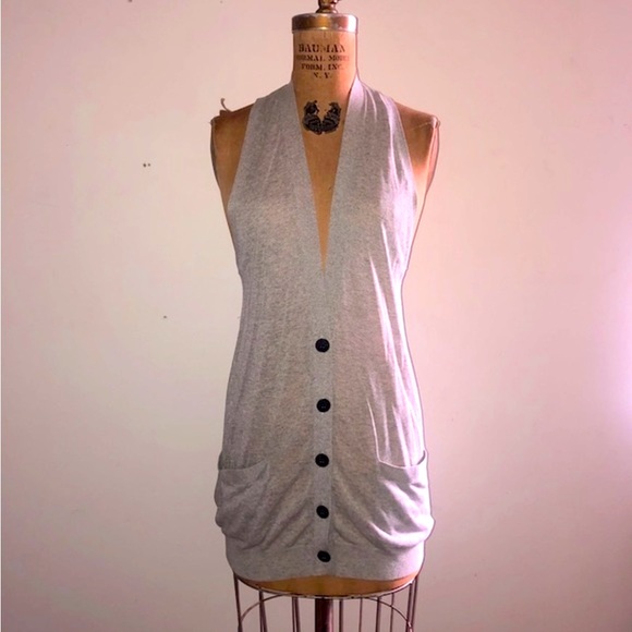 ALEXANDER WANG] Melange Grey Racer back Button down Fine sweater Tunic Dress